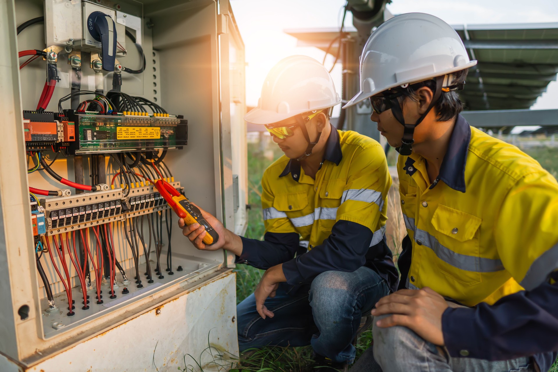 CAN Academy Green Skills Academy trainees using a clamp meter at a solar distribution panel in Kota Damansara
